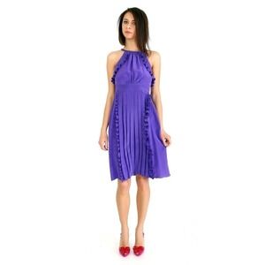 TIBI 100% Silk Purple Knee Length Racer Back Pleated Dress Size 6